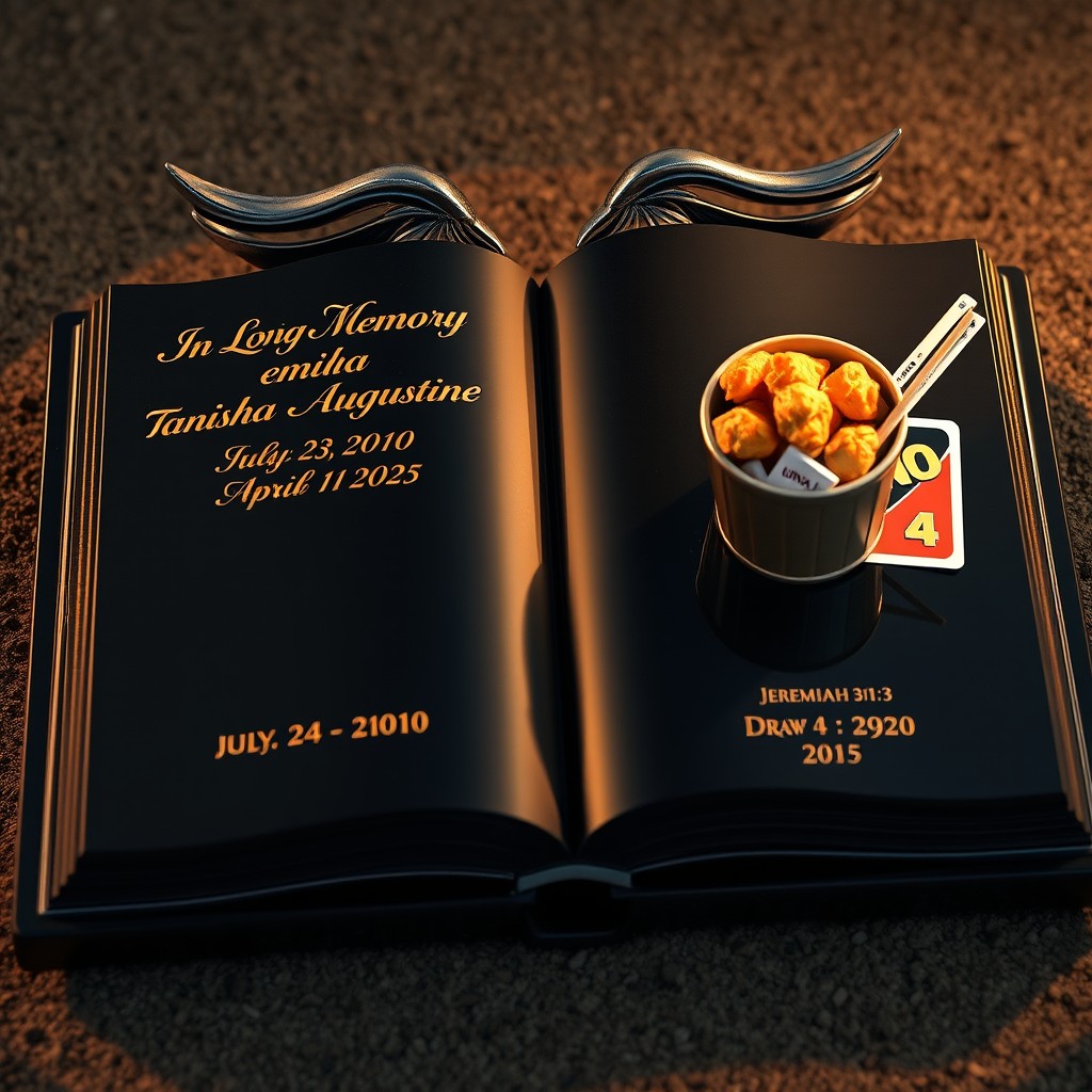 A polished black granite headstone shaped like an open Bible, featuring gold lettering