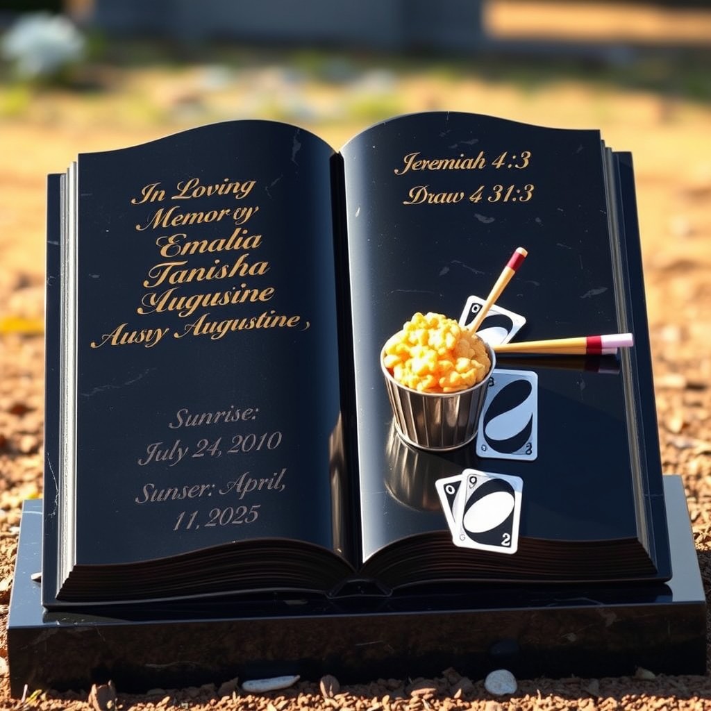 A polished black granite headstone shaped like an open Bible, featuring intricate details and gold lettering for a luxurious appearance