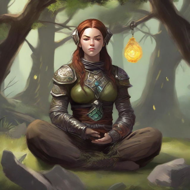 energy made from splinters and earth floats around a female dwarven kineticist that meditates amid nature while wearing her heavy armor