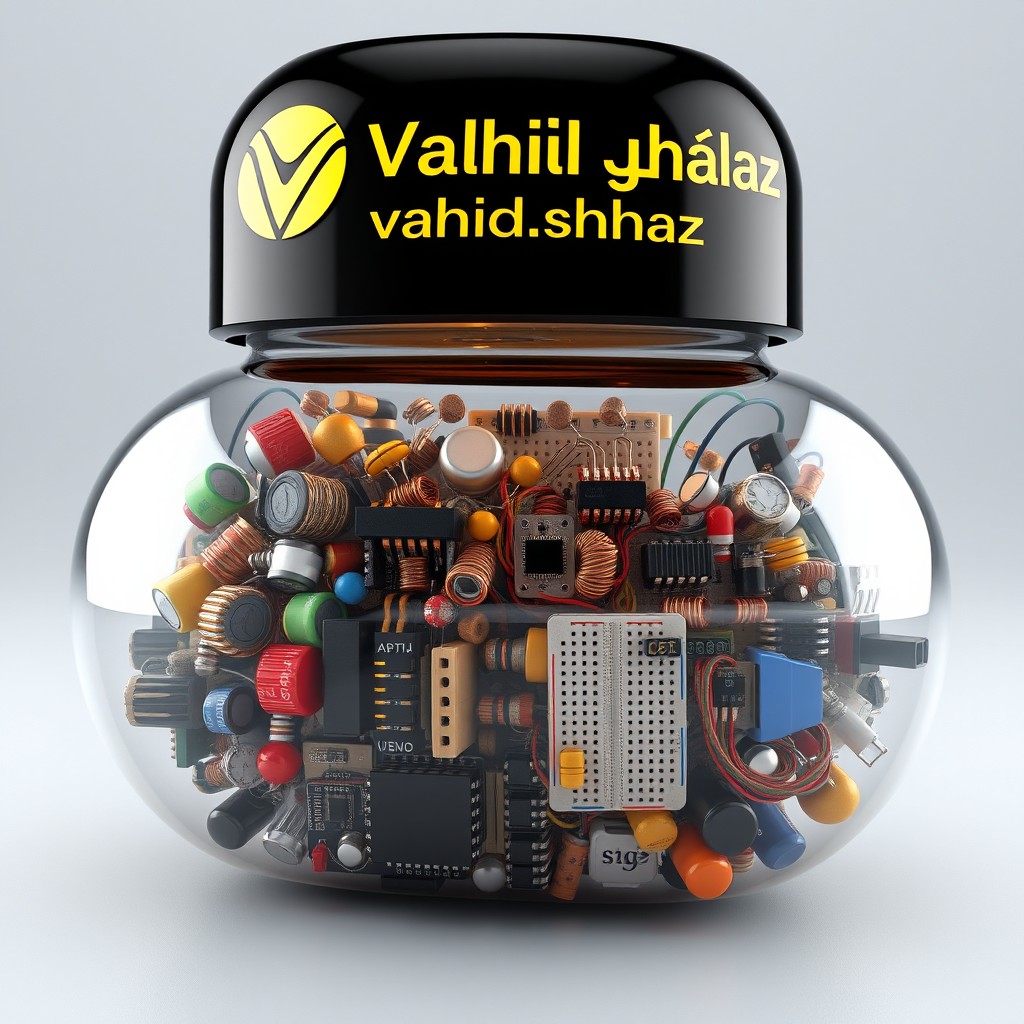 A large capsule composed of two main sections, the upper part is black with the logo (Vahid
