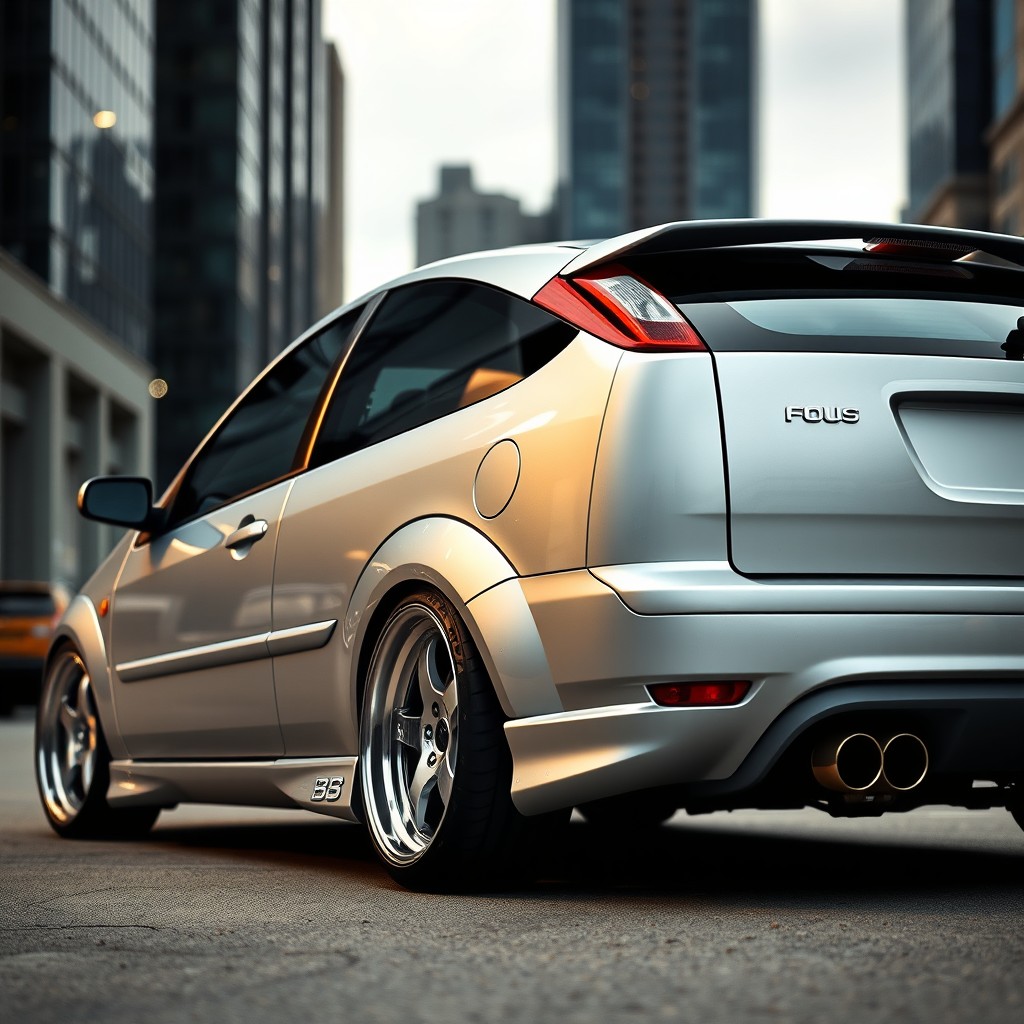 A 2001 silver Ford Focus with striking BBS wheels, showcasing its sporty design