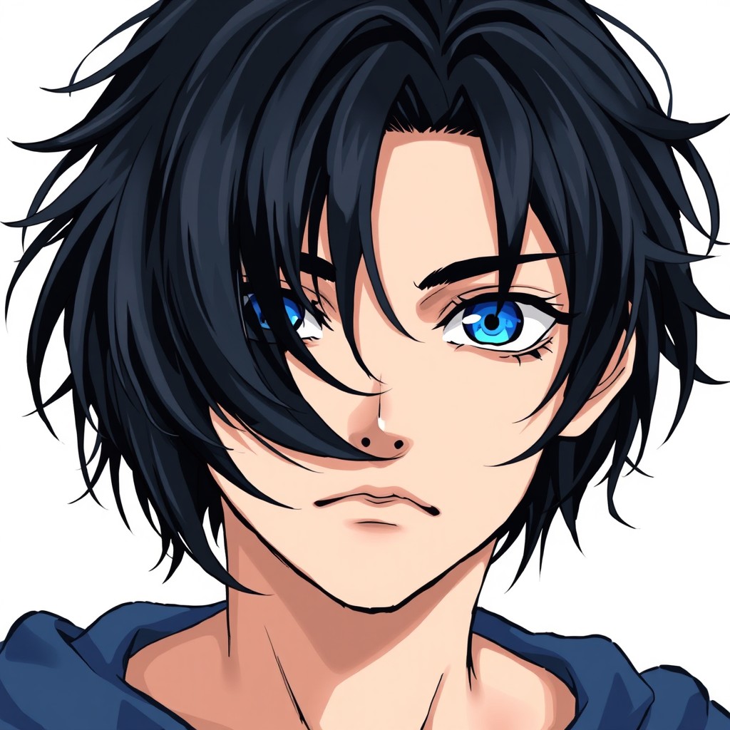 A teenage boy with thick black hair partially covering his bright blue eyes, exuding an aura of tension while maintaining a calm facial expression
