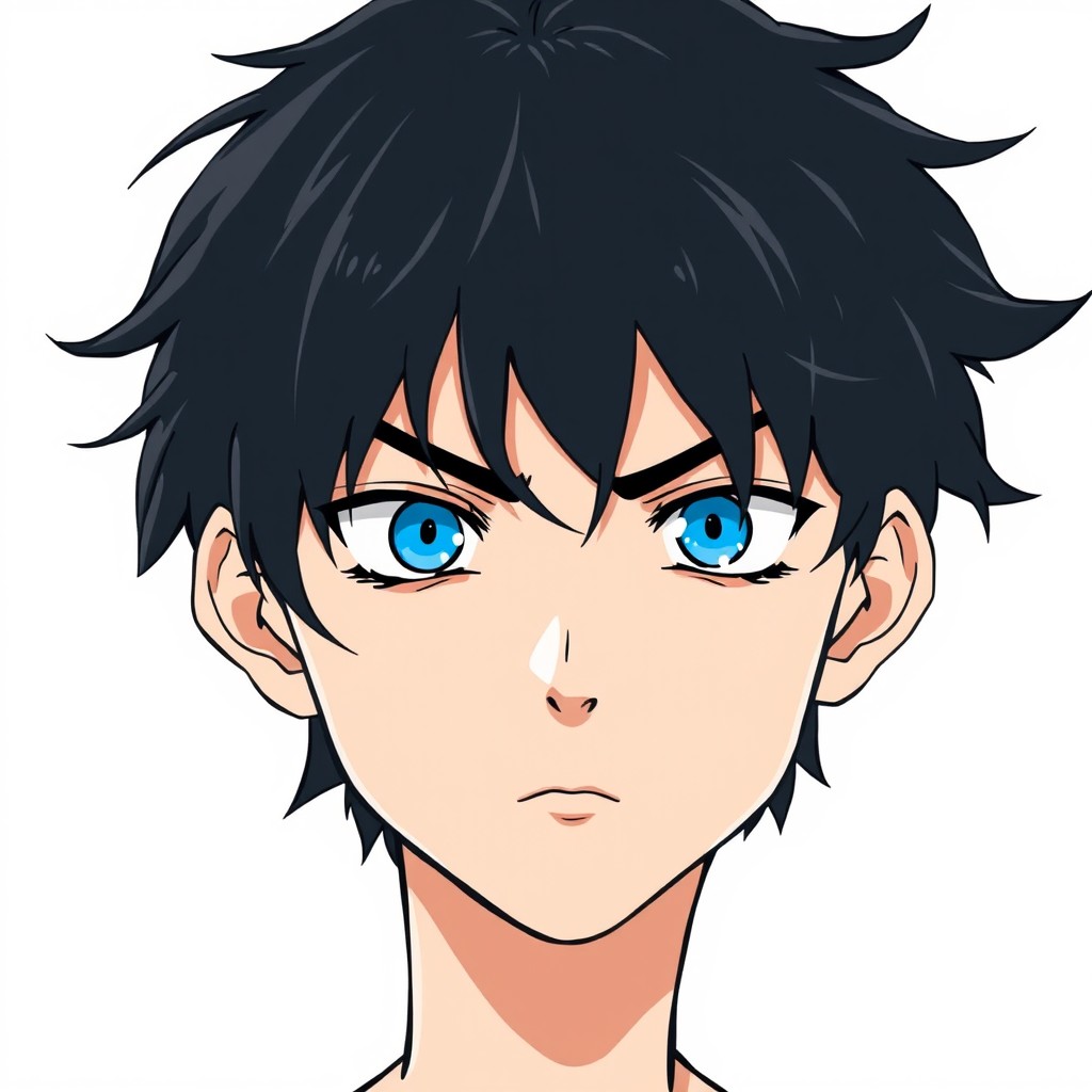 A teenage boy with thick, slightly tousled black hair that partially covers his bright blue eyes