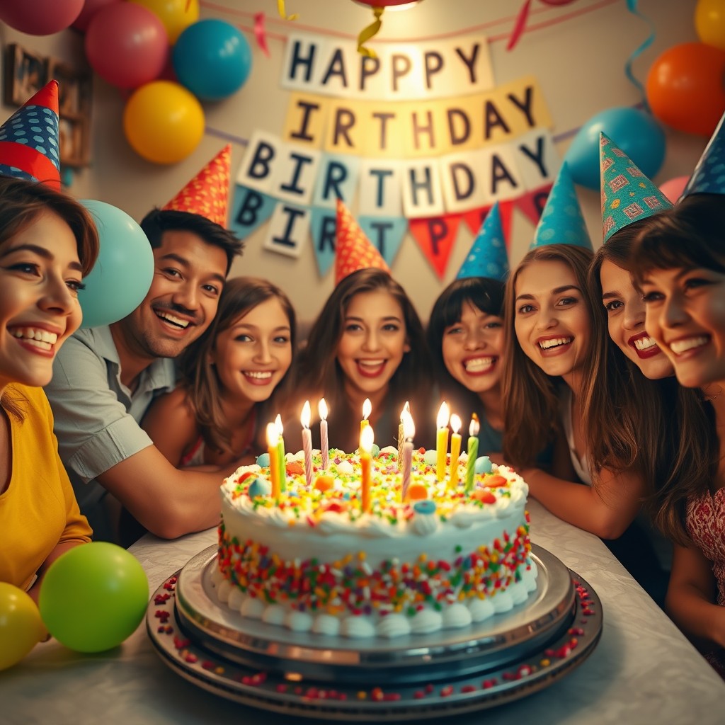 A vibrant birthday celebration scene featuring a beautifully decorated birthday cake with colorful frosting and lit candles, surrounded by joyful friends gathered around the table