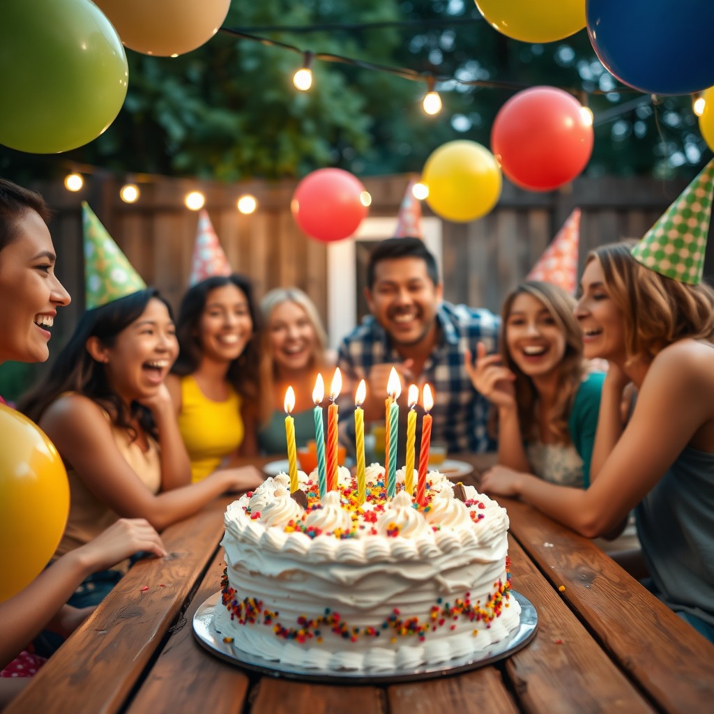 A vibrant birthday celebration scene, capturing a joyful atmosphere with colorful balloons, a beautifully decorated cake with candles, and friends gathered around, smiling and having fun