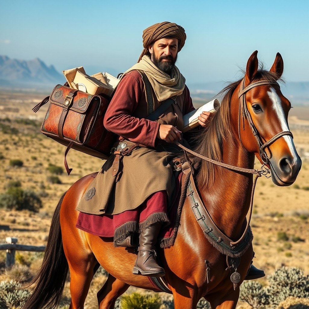 A traditional Turkish chapar, a letter carrier or courier from ancient times, dressed in historical attire, riding a sturdy horse across a vast landscape