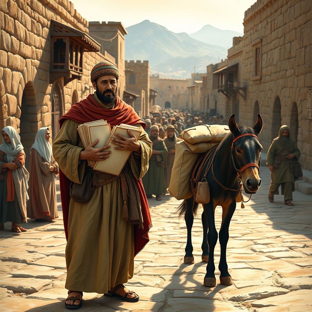 A historical depiction of a Turk chapar, a courier from ancient times, delivering letters and packages