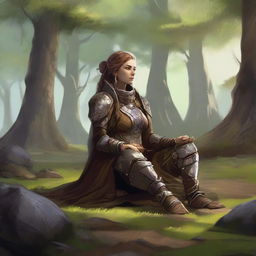 energy made from splinters and earth floats around a female dwarven kineticist that meditates amid nature while wearing her heavy armor