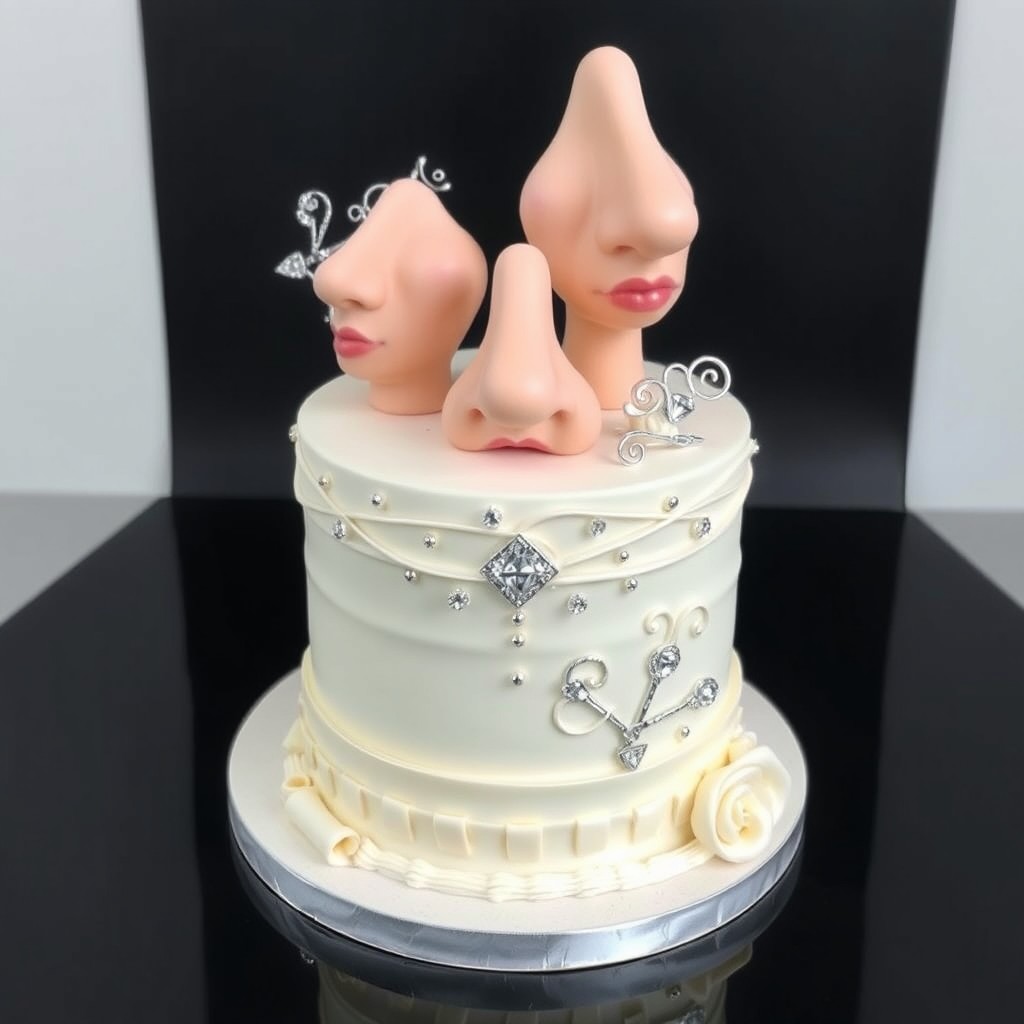 A beautifully designed cake specifically for a rhinoplasty surgeon, featuring intricate figurines of noses and sparkling diamond decorations