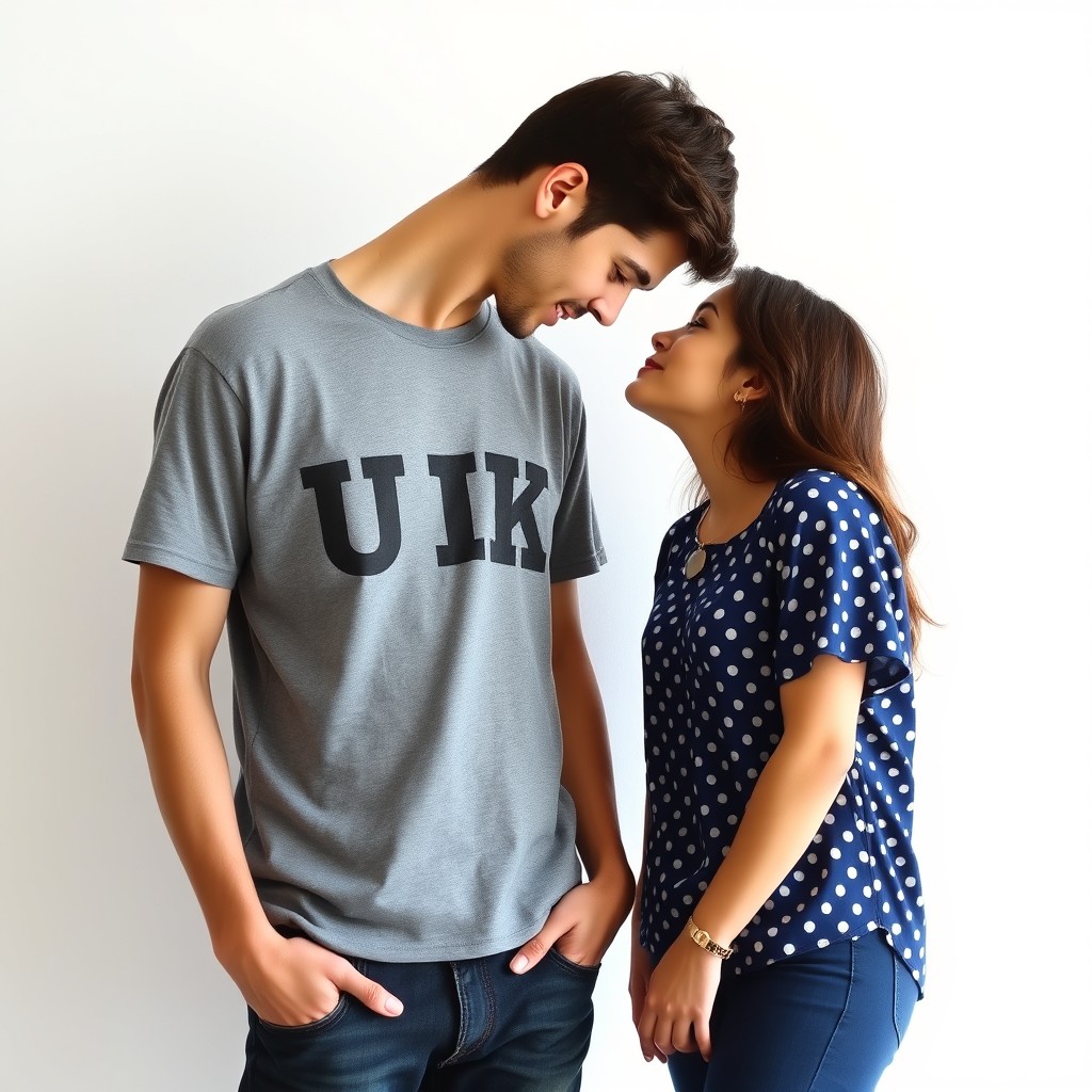 Two young adults in a simple setting with a white background