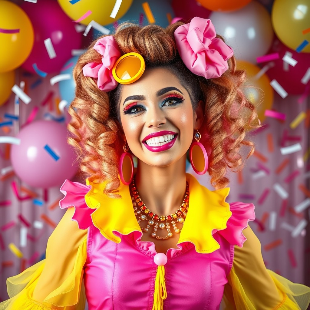 A vibrant and colorful portrait of a cheerful female performer inspired by the character Mc Pipokinha, featuring her wearing a playful costume with bright colors such as pink and yellow