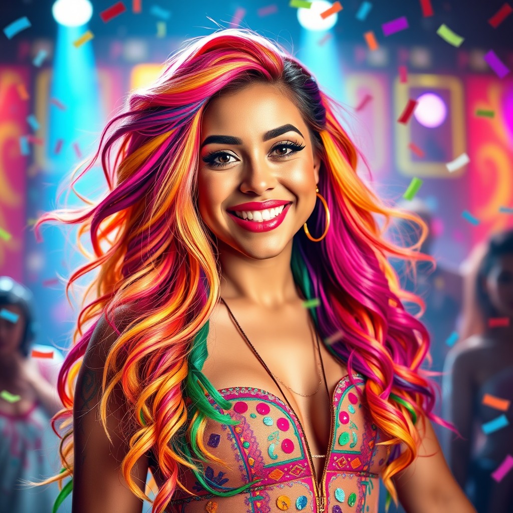 A vibrant and colorful portrait of a confident and charismatic Brazilian performer inspired by the character 'mc pipokinha'
