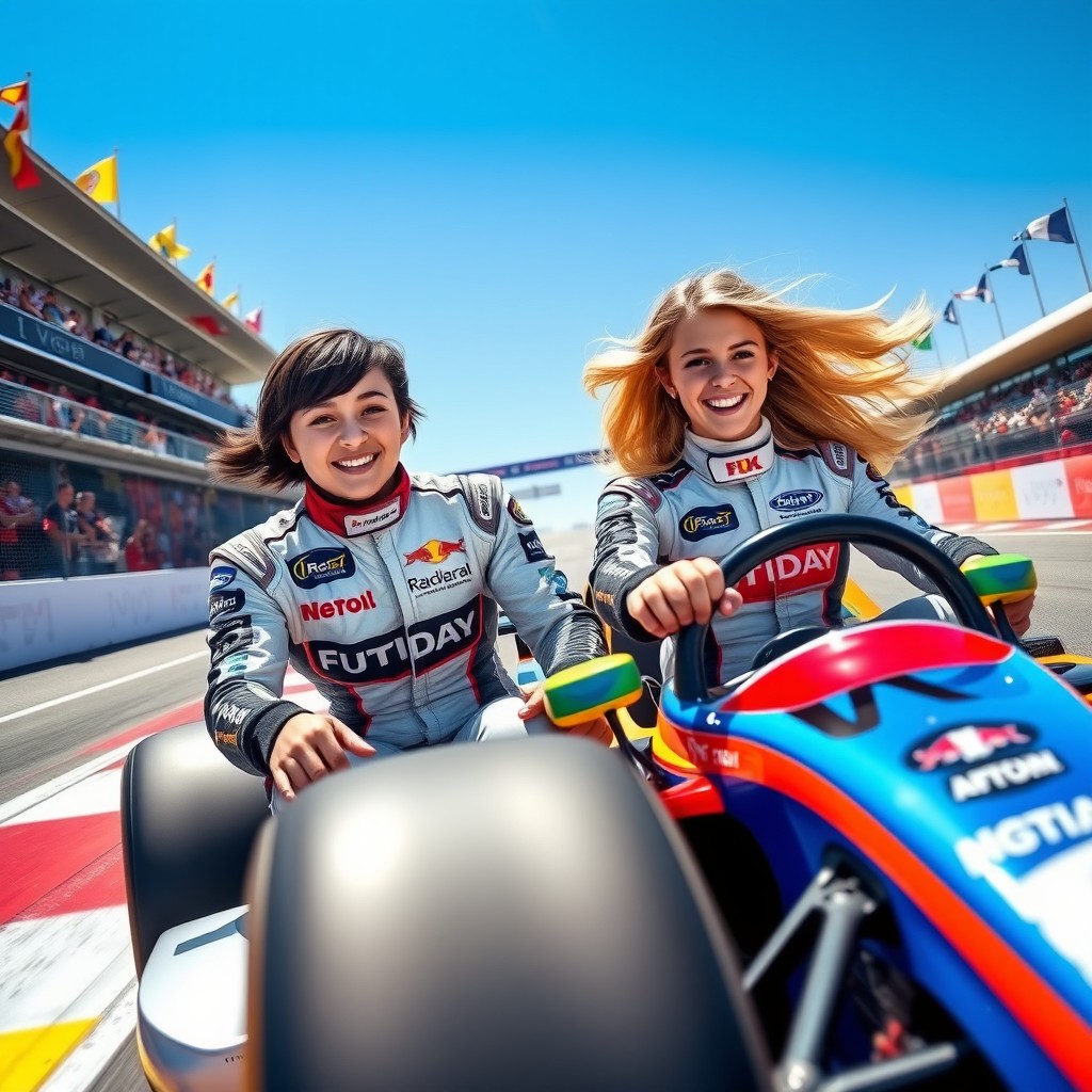 A dynamic and exhilarating racing scene featuring two talented young female racers, Kimi Antonelli and Sydney Taylor, on a vibrant racetrack under a clear blue sky