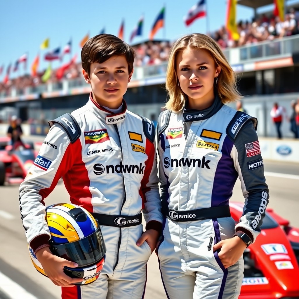 A dynamic portrait of Kimi Antonelli and Sydney Taylor, both young racing drivers, posed in their racing suits, displaying their helmets under their arms