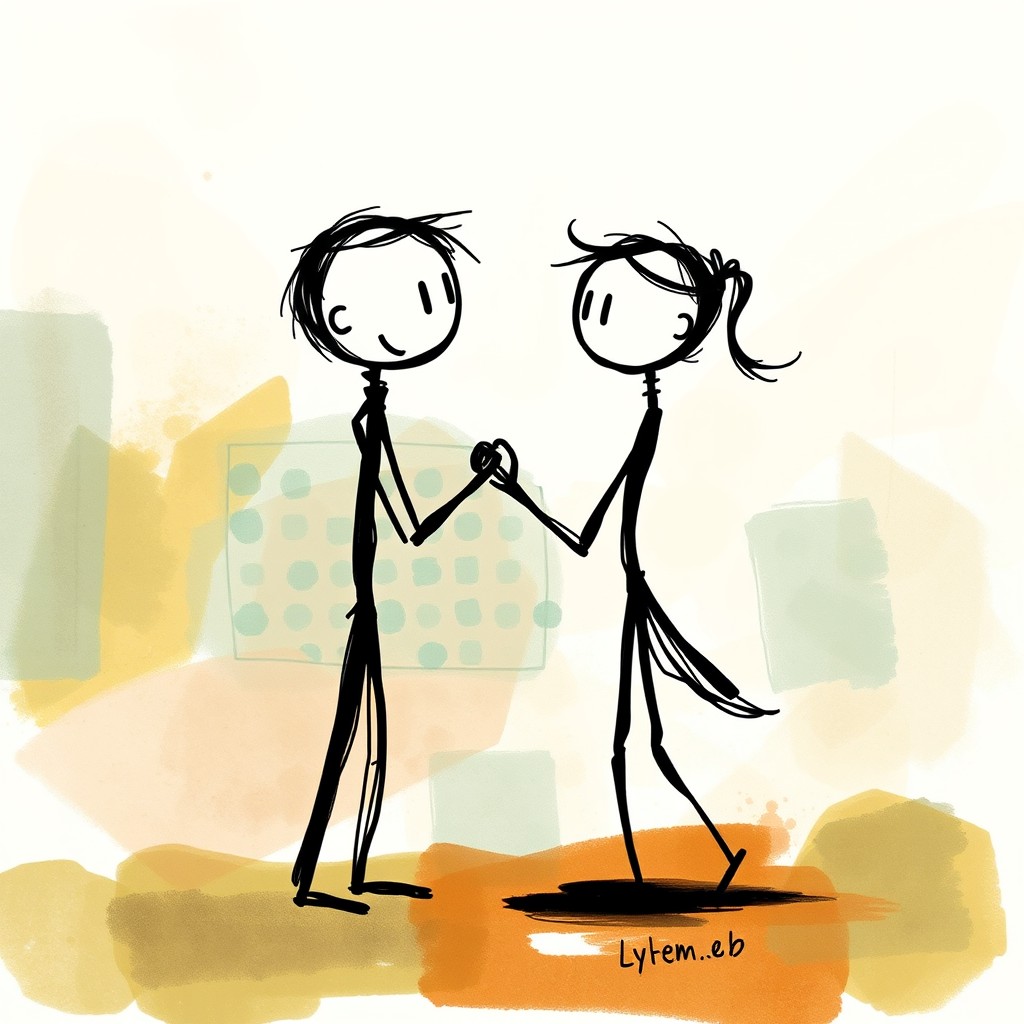 A 2D illustration featuring two stick figures, designed with an impressionistic ink painting style