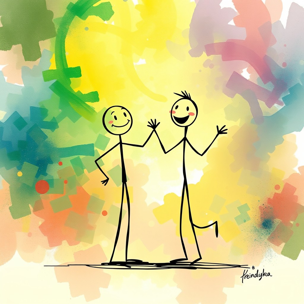A 2D illustration featuring two stick figure characters in an Impressionist ink painting style