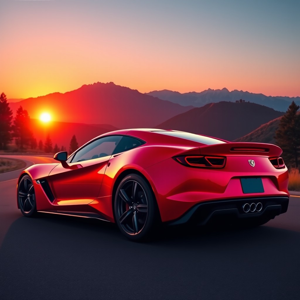 A sleek and powerful sports car parked on a scenic mountain road during sunset