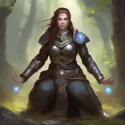 energy made from splinters and earth floats around a female dwarven kineticist that meditates amid nature while wearing her heavy armor