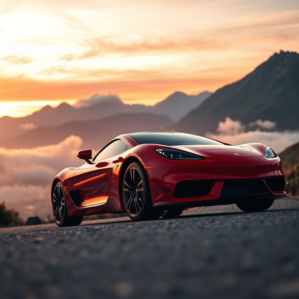 A sleek and modern sports car parked on a scenic mountain road during sunset