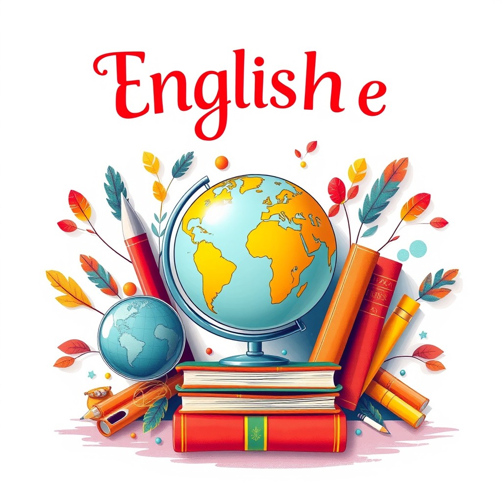 A visually striking front page design for an English file, featuring a bold and elegant title at the top, vibrant colors that evoke creativity and learning, an artful arrangement of elements related to English study such as books, a globe, and writing tools