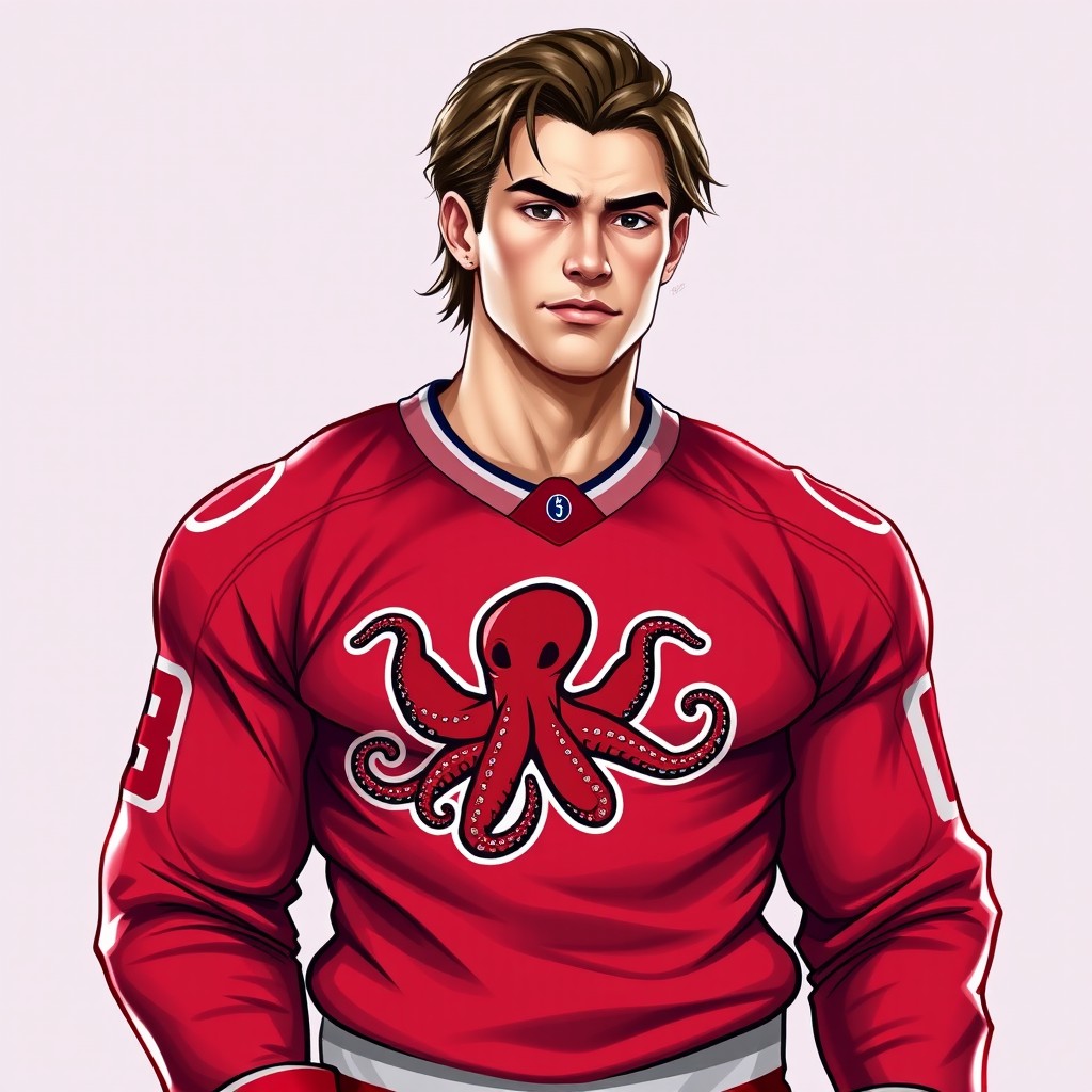A stunning digital illustration of a 26-year-old man, tall, lean, and muscular, portraying a strong Adonis belt
