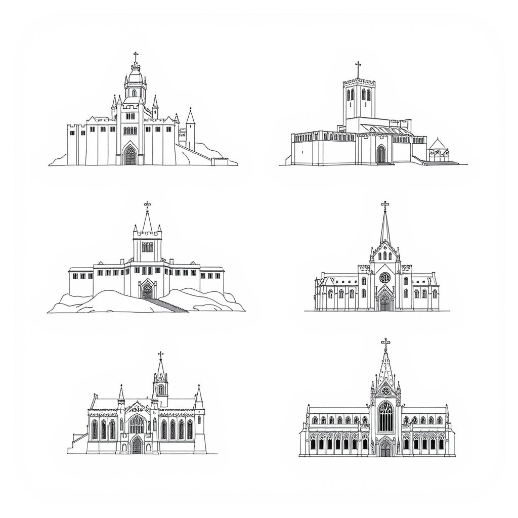 A collection of black and white line art illustrations depicting iconic Scottish castles and cathedrals, including Edinburgh Castle, Eilean Donan Castle, Stirling Castle, and Glasgow Cathedral