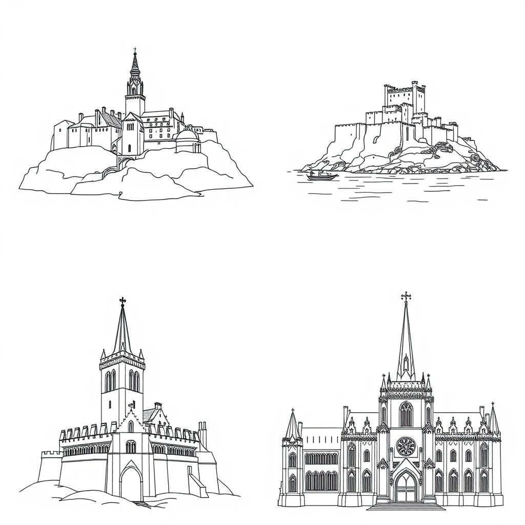 A collection of four distinct black and white line drawings designed for a colouring book, each featuring iconic Scottish castles and structures: 1