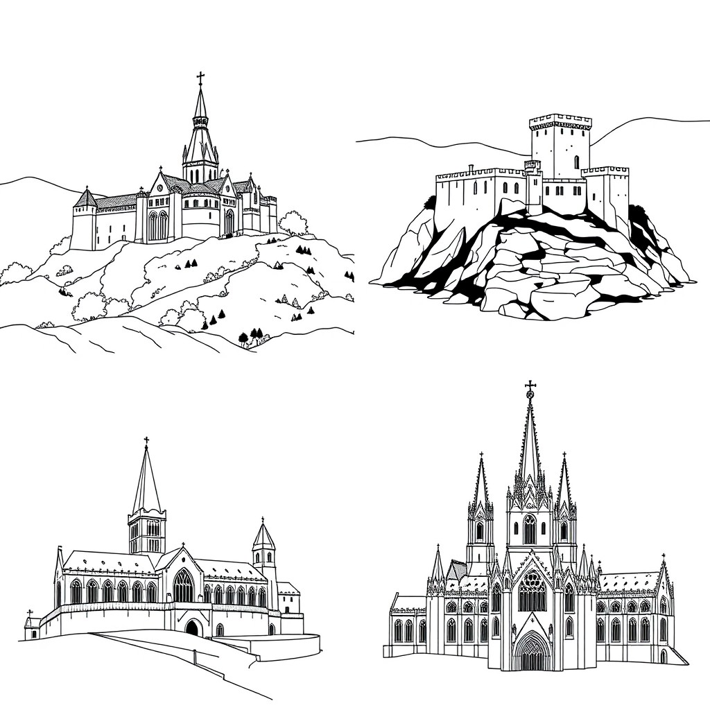A collection of four distinct black and white line art designs suitable for a colouring book, featuring: 1