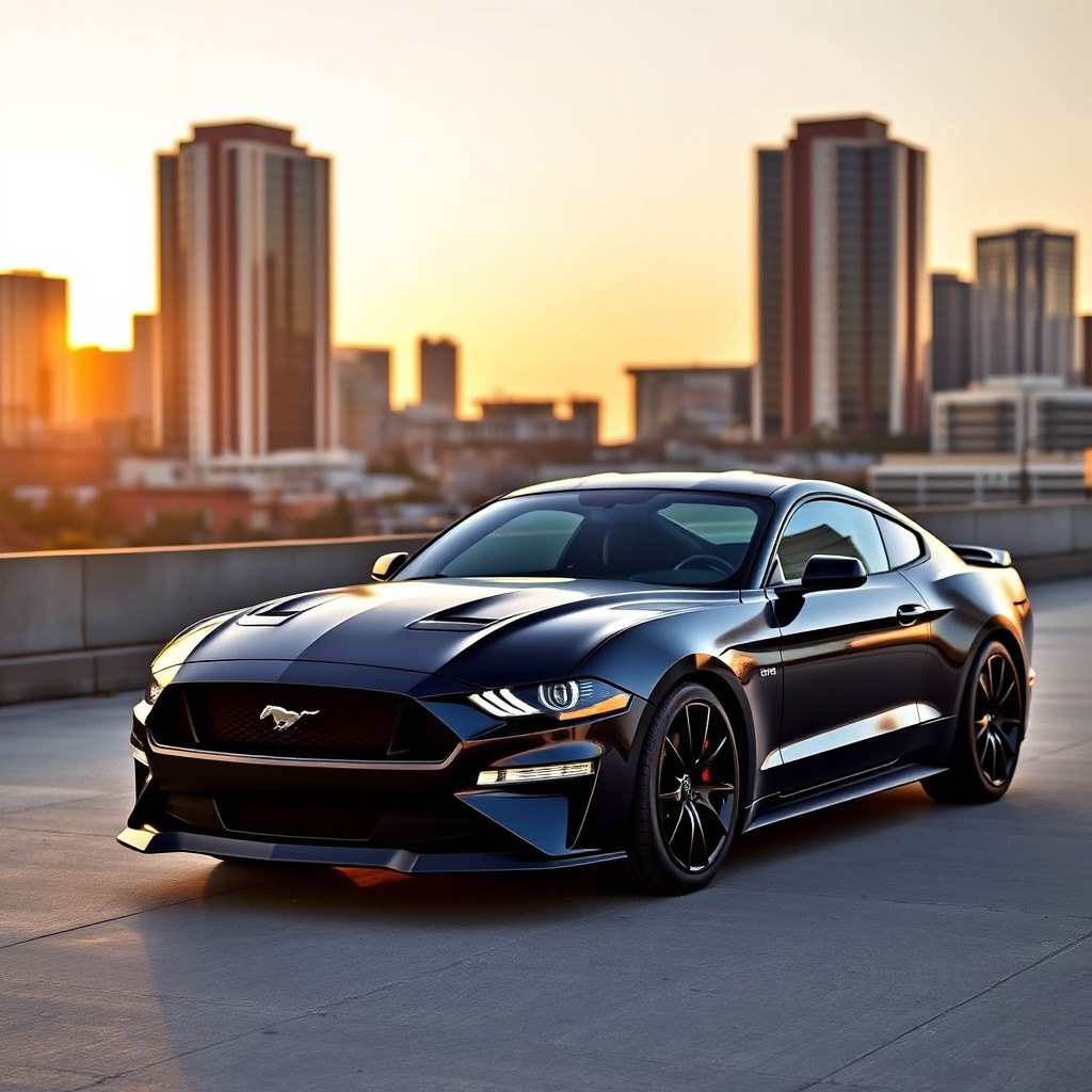 A stunning 2024 Ford Mustang Dark Horse parked in an urban setting at sunset