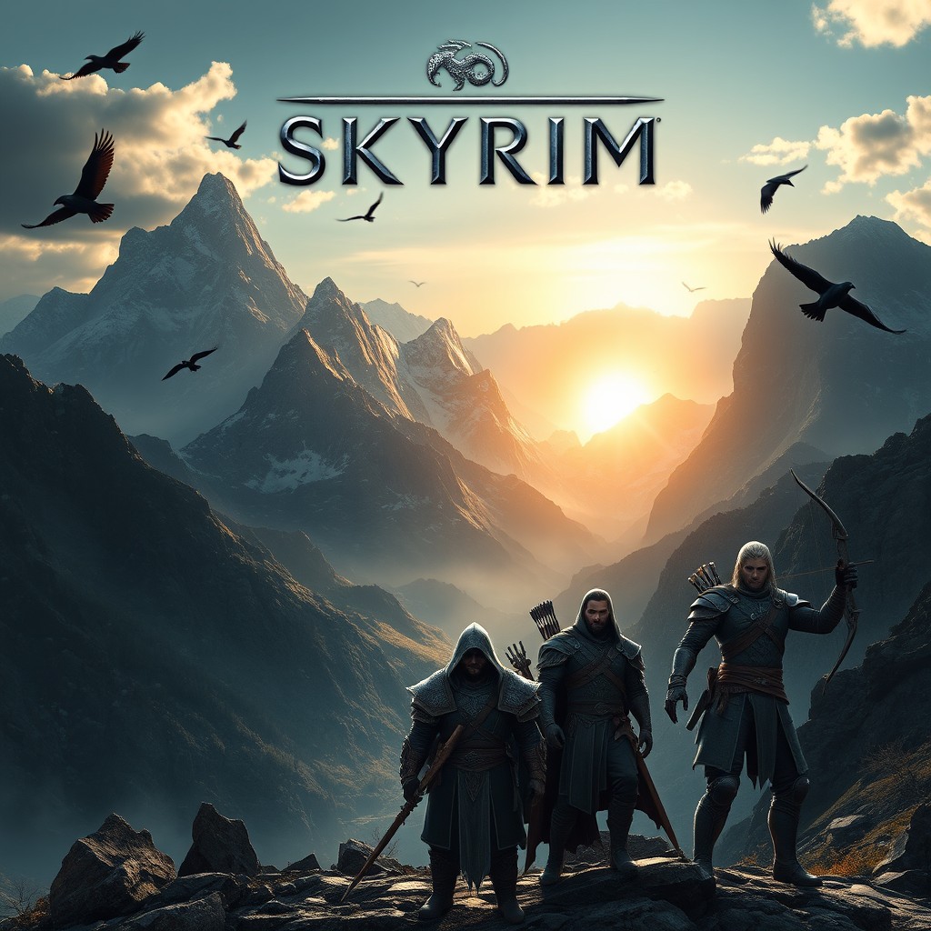 A stunning Skyrim-themed wallpaper featuring a breathtaking mountainous landscape in the background with the sun setting just behind the peaks