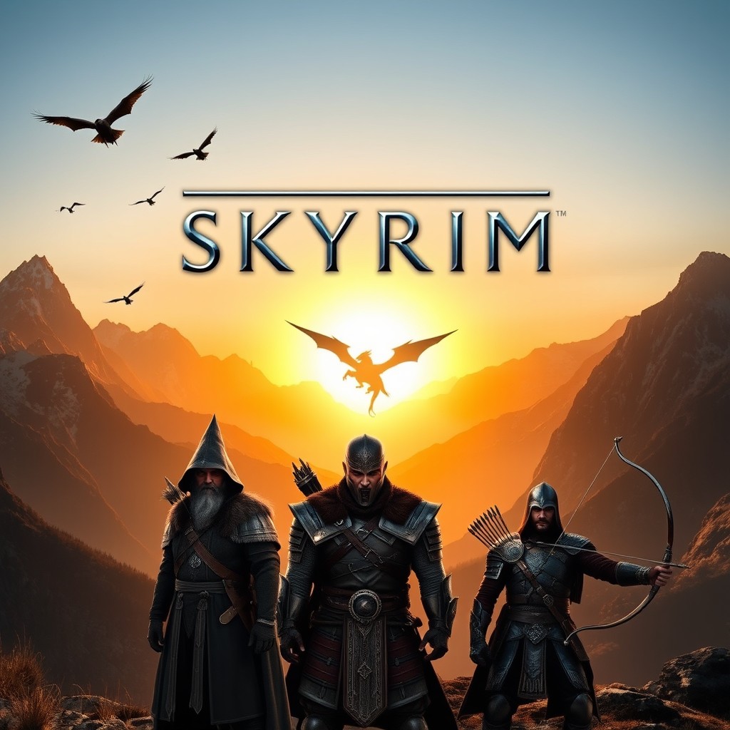 A stunning wallpaper inspired by Skyrim, featuring the game's title prominently displayed along with the original dragon logo