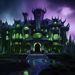 An external shot of a malevolent, high-tech mansion, the abode of an evil billionaire genius. Sinister architectural features amplified by chilling blues, haunting greens, and intense purples elicit a palpable aura of unmitigated wickedness, pulsating with raw power and untamed rage.