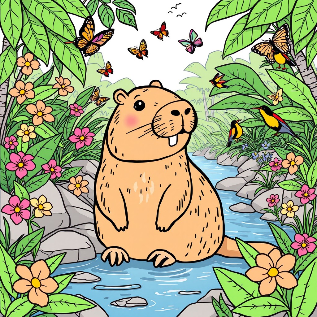 A whimsical coloring book page featuring a friendly capybara surrounded by lush jungle scenery
