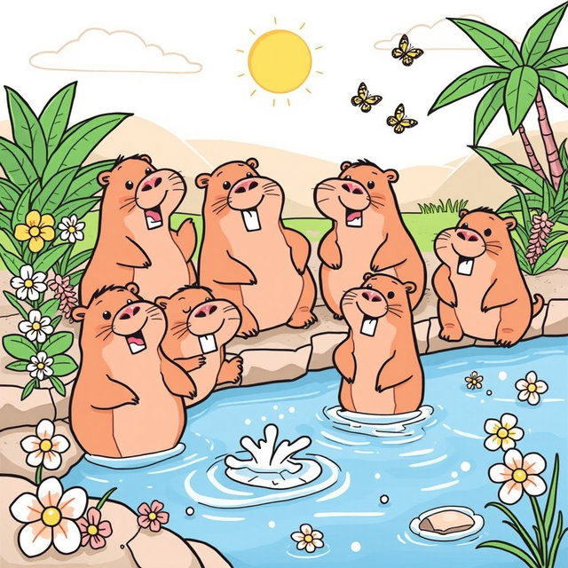 A whimsical and playful coloring book page featuring friendly capybaras in various joyful poses