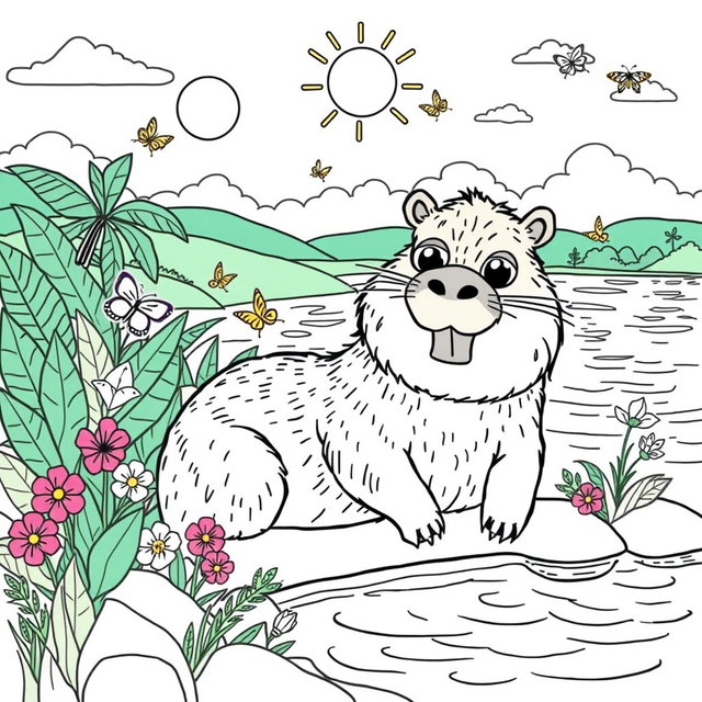 A whimsical coloring book page featuring a cute and friendly capybara lounging by a serene riverbank