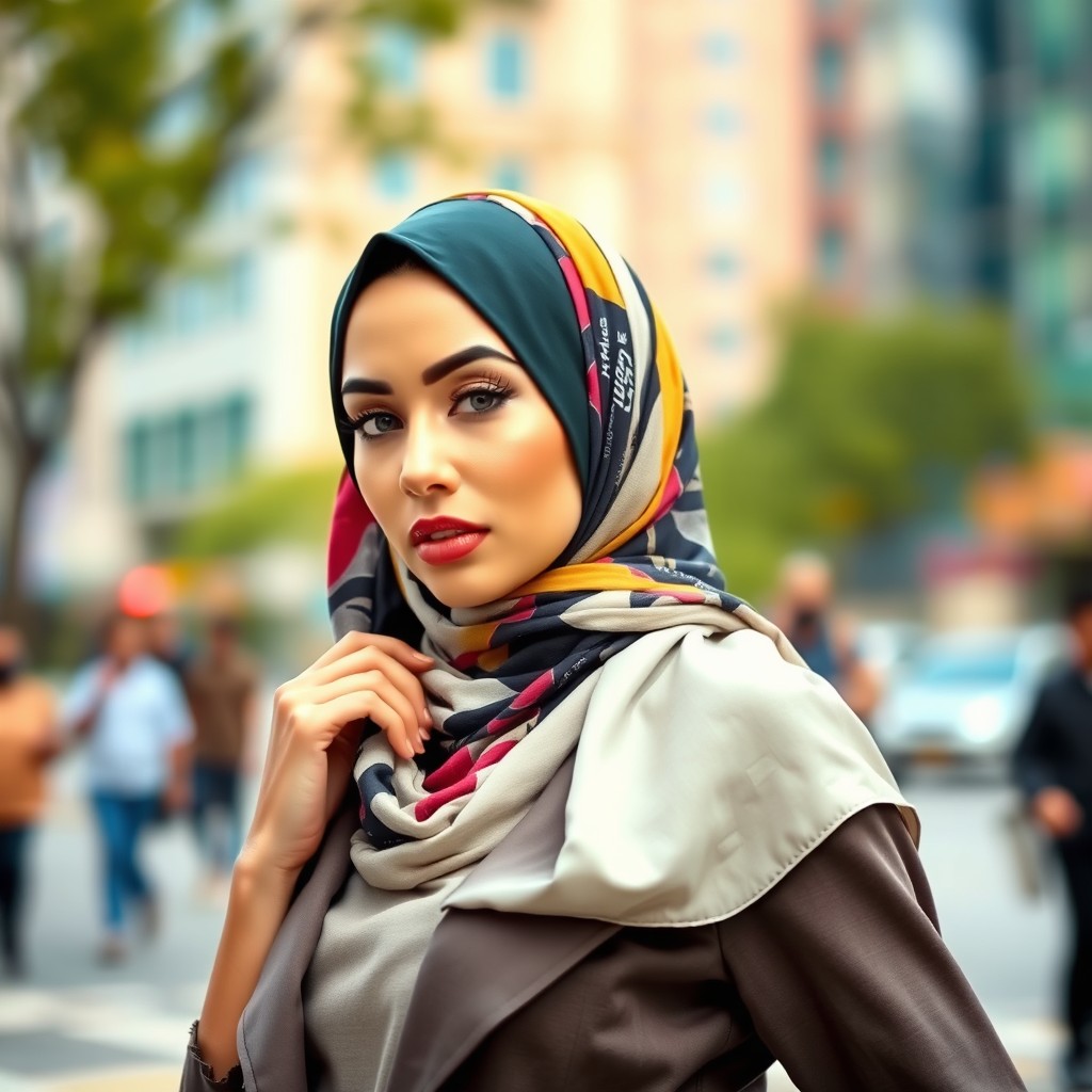 A stylish and attractive woman wearing a colorful hijab, showcasing elegance and confidence