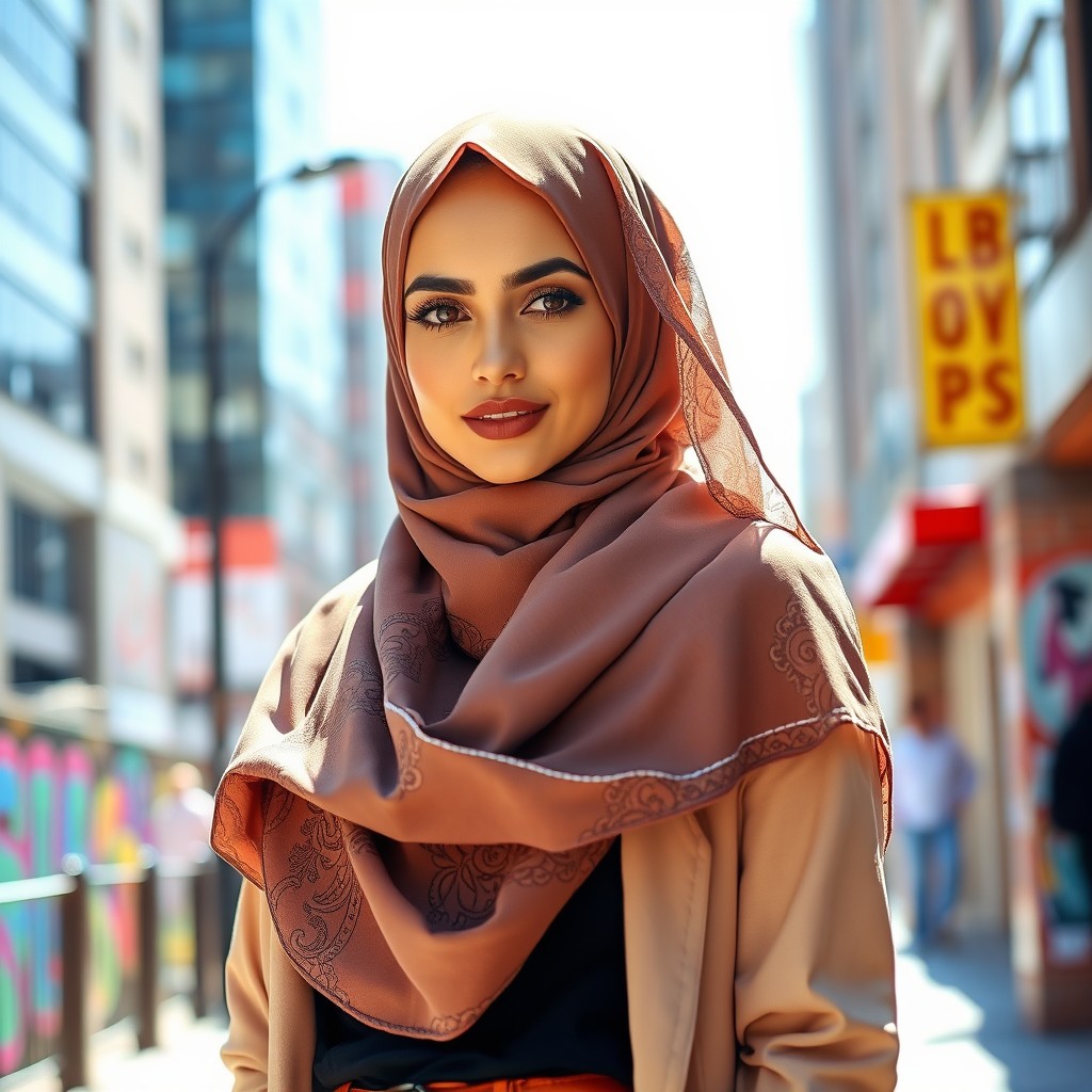 A beautiful woman wearing a stylish hijab that complements her outfit, exuding confidence and elegance