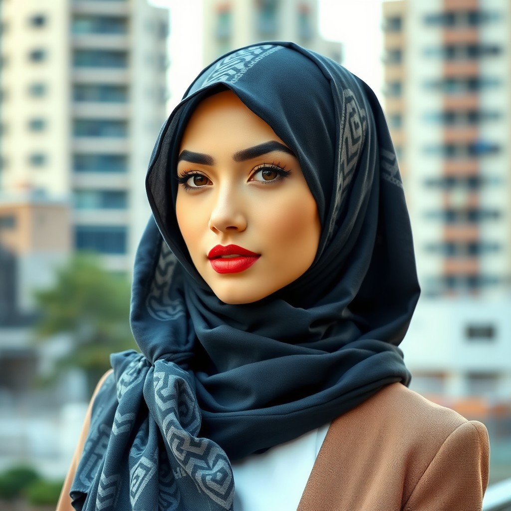 A fashionable and attractive young woman wearing a stylish hijab, showcasing modern trends, with a vibrant background of an urban cityscape