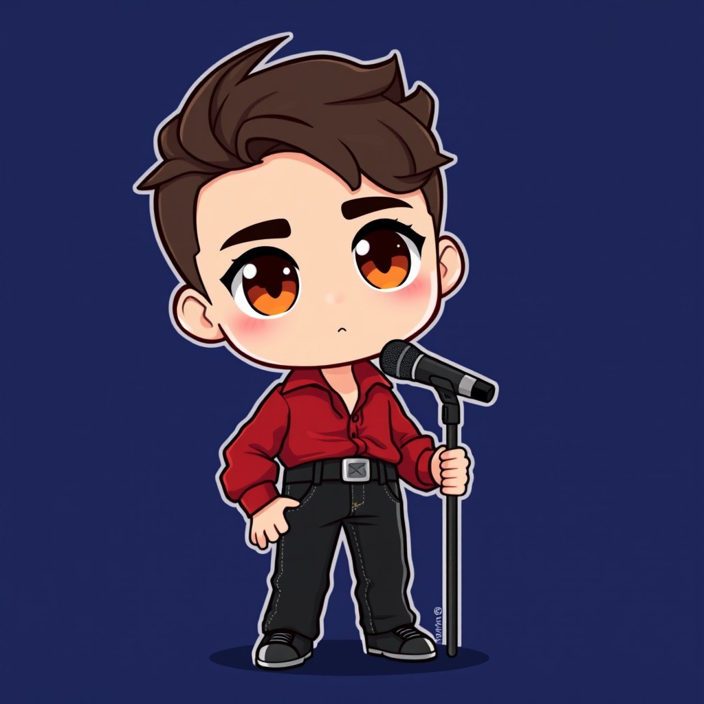 A cute chibi-style illustration of the singer Jeff Satur, wearing black jeans and a red satin shirt