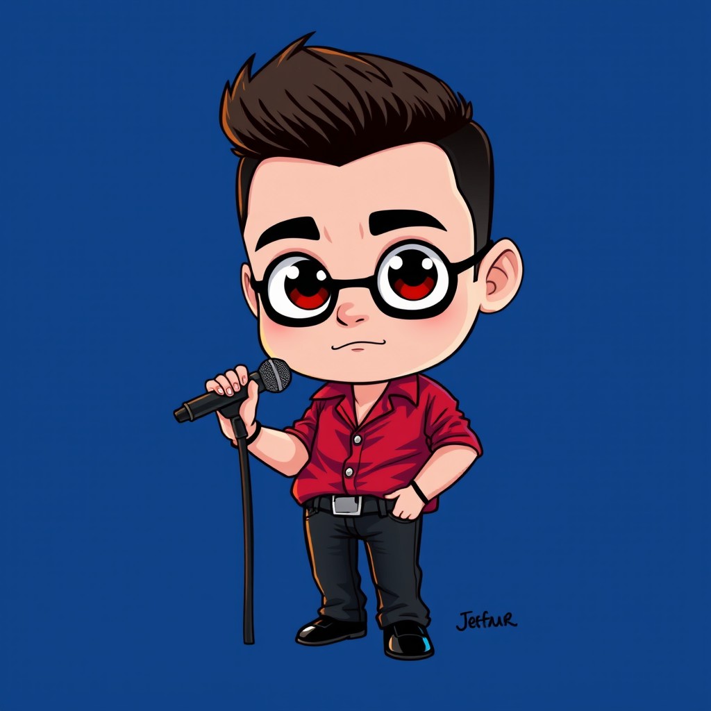 A chibi-style illustration of the singer Jeff Satur, characterized by oversized head and big expressive eyes