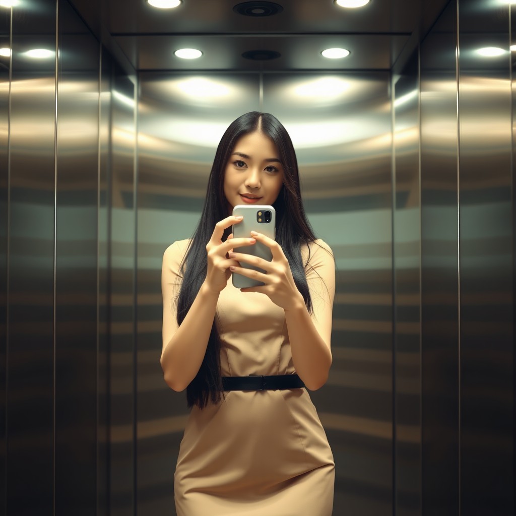A realistic mirror selfie of a fashionable young Asian woman with long black hair, wearing a stylish dress, standing in a modern elevator