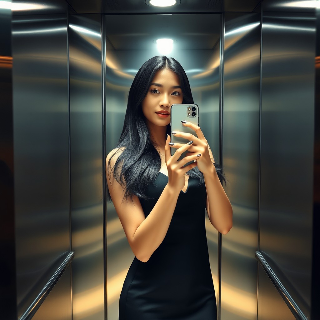 A realistic mirror selfie featuring a fashionable young Asian woman with long black hair, dressed in a stylish, sophisticated dress