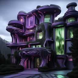 An external shot of a malevolent, high-tech mansion, the abode of an evil billionaire genius. Sinister architectural features amplified by chilling blues, haunting greens, and intense purples elicit a palpable aura of unmitigated wickedness, pulsating with raw power and untamed rage.