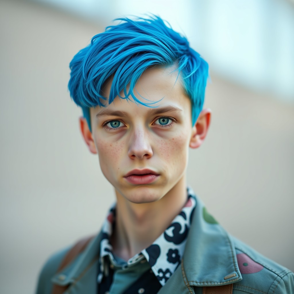 A portrait of Lachlan Watson with vibrant blue hair, showcasing their unique style and personality