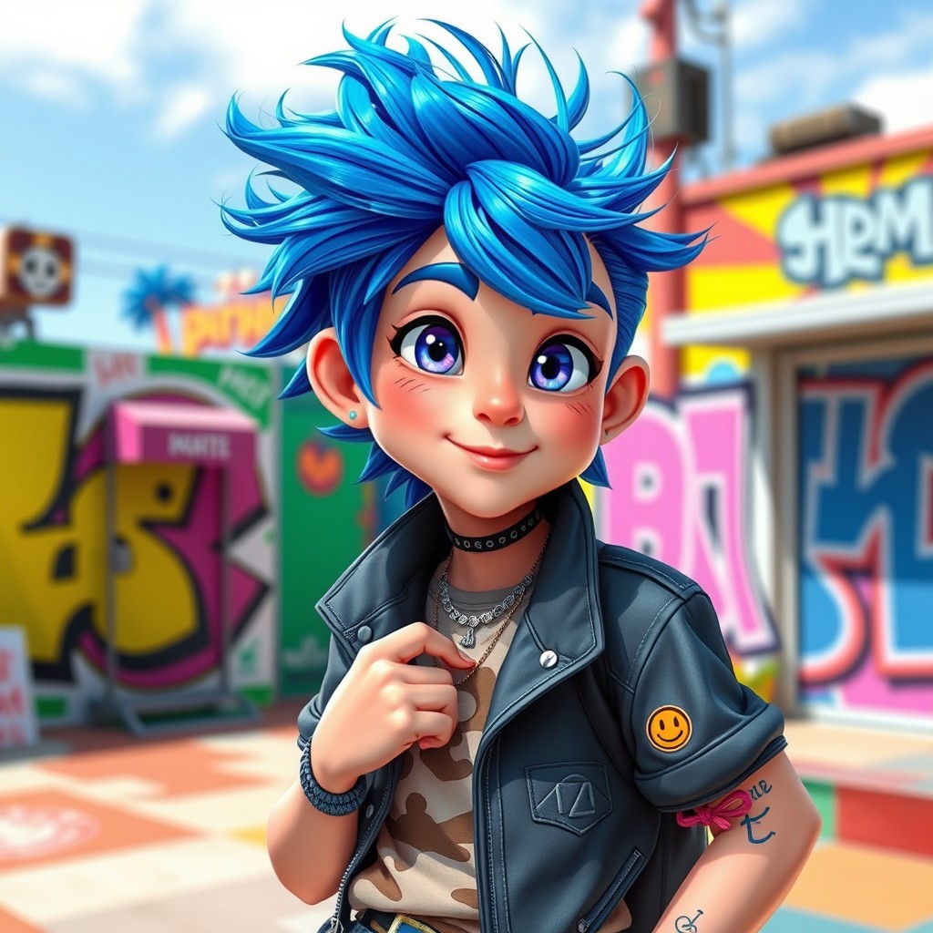 A character inspired by Lachlan Watson, featuring vibrant blue hair styled in a trendy look
