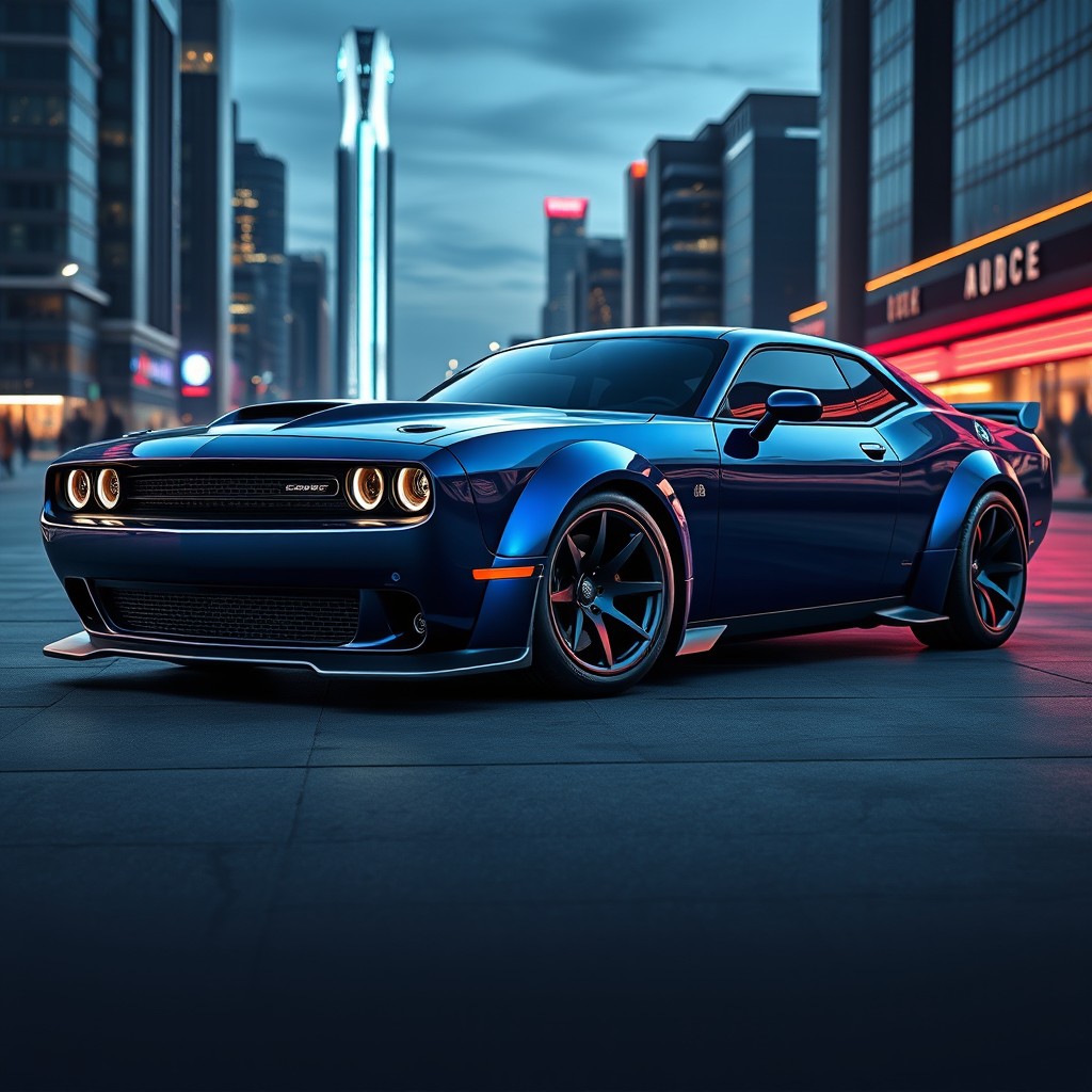 A futuristic concept car design merging the aesthetics of a Dodge Challenger and a Dodge Charger for the year 2026