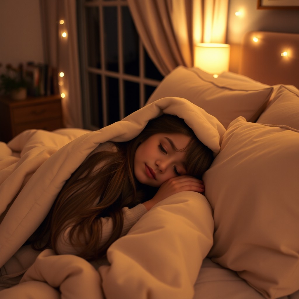 A girl lying beside someone, cozy under a soft white blanket in a warmly decorated bedroom