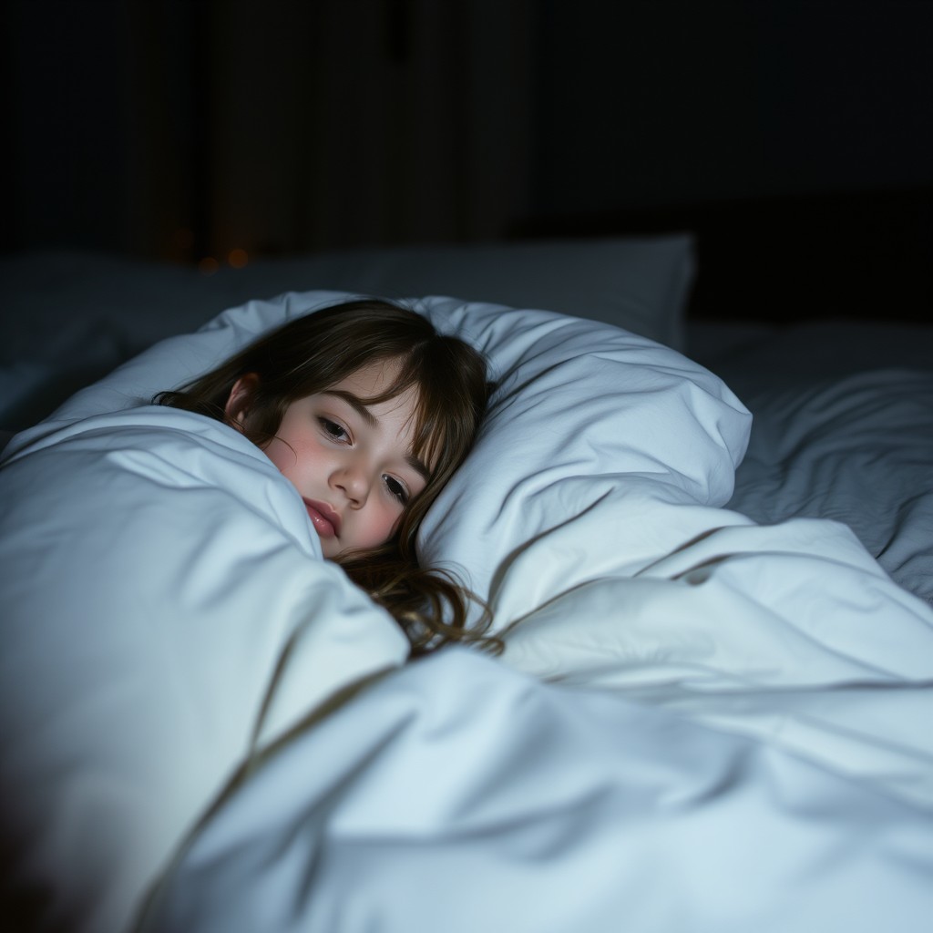 A serene indoor scene featuring a girl lying beside a person, both under a soft, white blanket