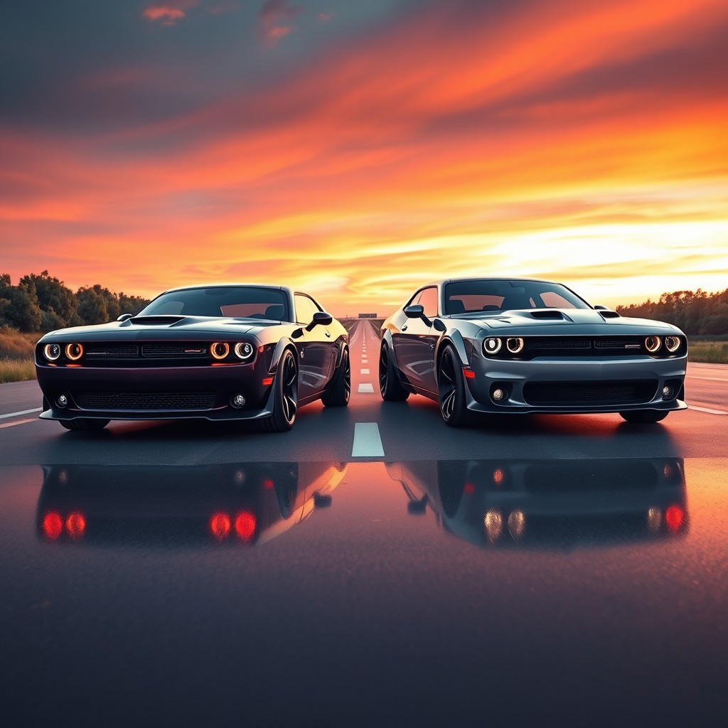 A futuristic concept design showcasing a 2027 model Dodge Challenger and Dodge Charger, positioned side by side under a vibrant sunset sky