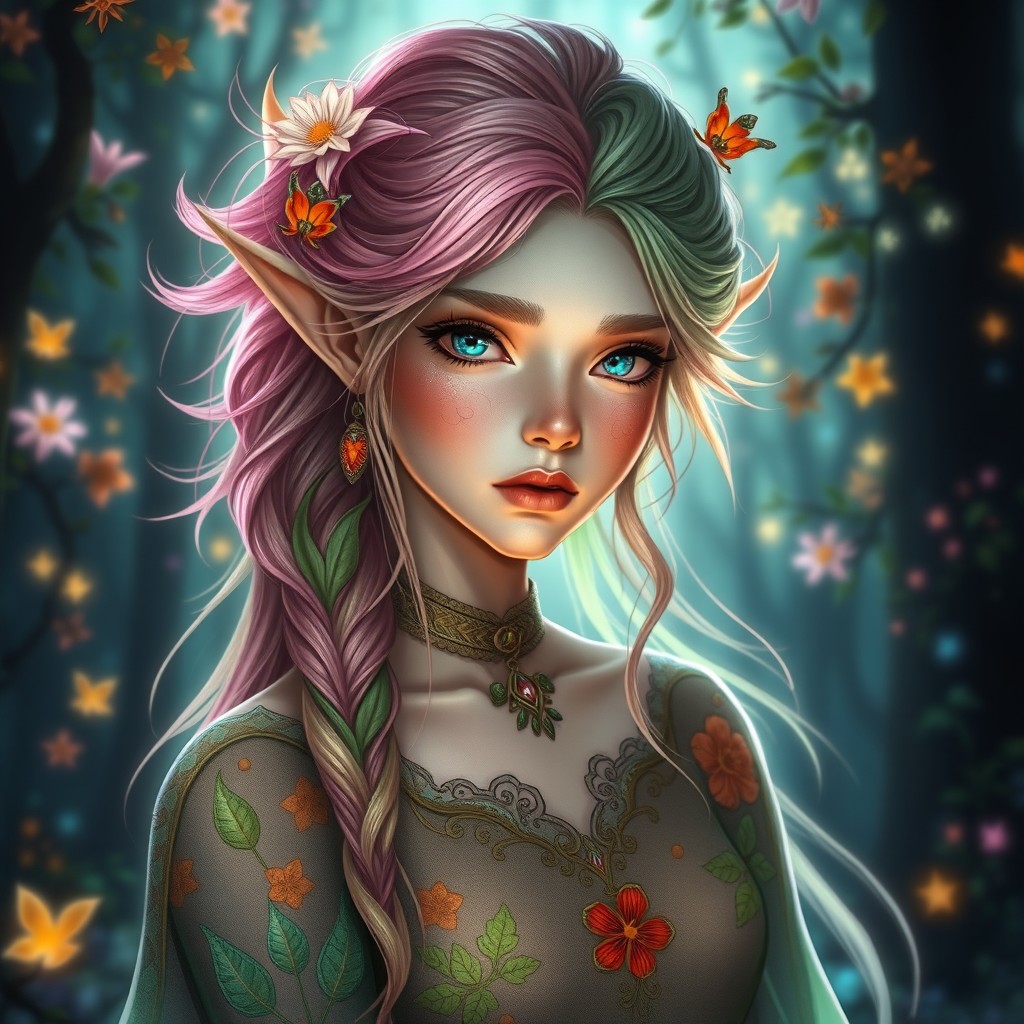 A stunning portrait of an Eladrin, an elegant and ethereal creature from a fantasy realm, characterized by their striking features and vibrant seasonal colors